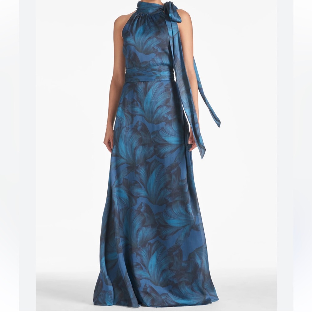 NWT Sachin + Babi Sz 4 Kayla Gown Blue Leaf, Tonal Petal Print
